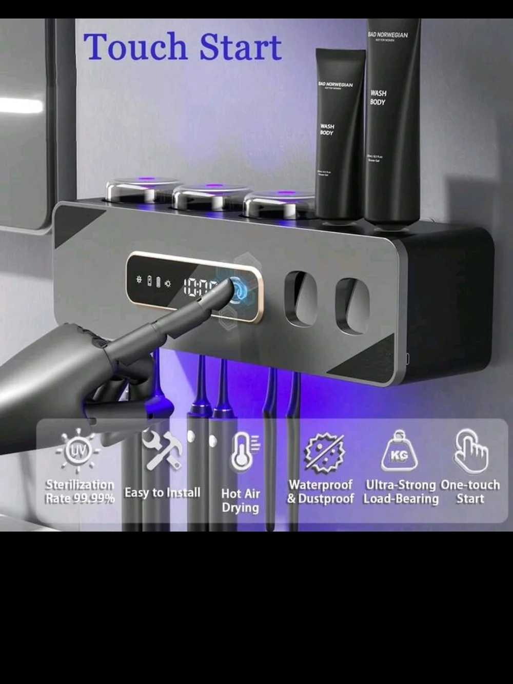 Wall-Mount Electric Toothbrush & Accessory Organizer - Black